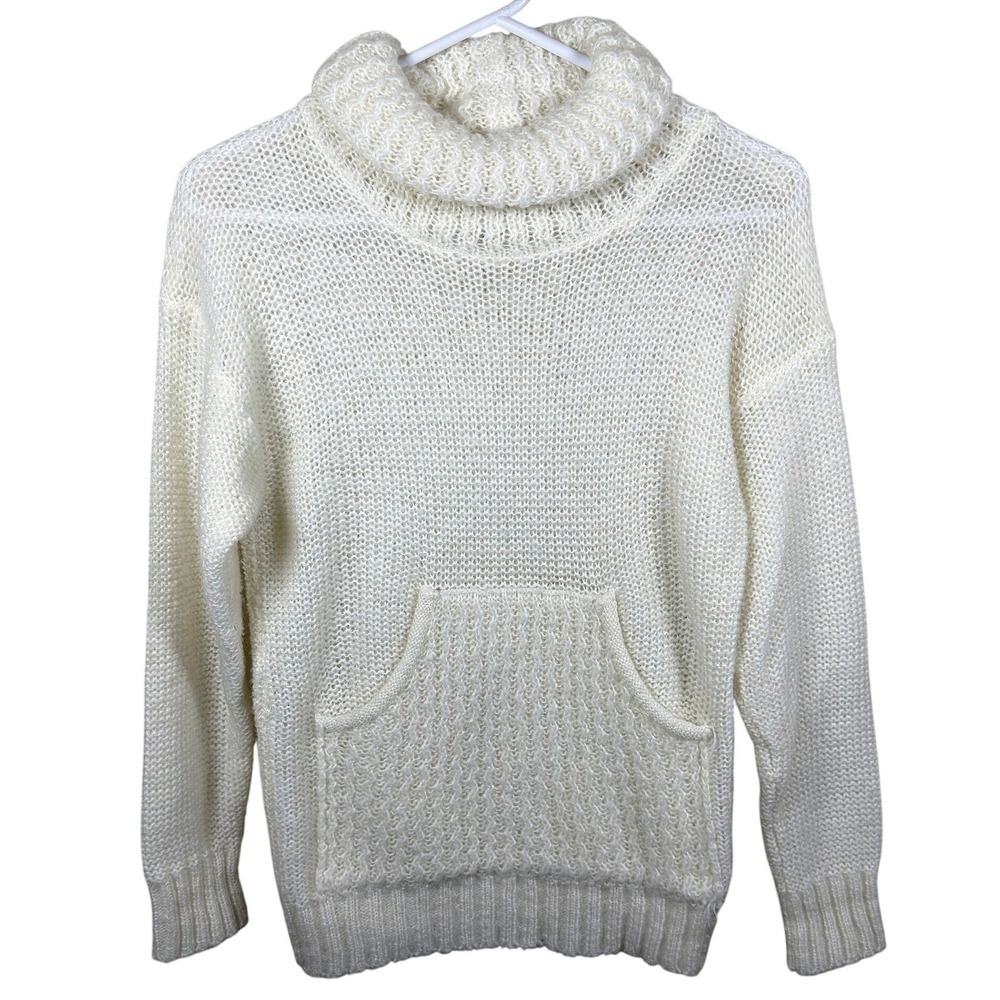 Vintage West Hong Kong Knit Turtleneck Sweater Cream Kangaroo Pocket Large